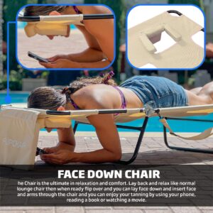 Face Down Tanning Chaise Lounge Chair - Face & Arm Holes - 2 Legs Support - Polyester Material – Backrest Positions - Head Rest Pillow - Beach or Home Use - Read and Tan - Tan Stripes Pattern