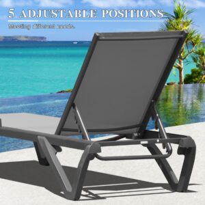 Domi Pool Lounge Chairs Set of 3, Aluminum Adjustable Outdoor Chaise Lounge with Wheels and Side Table, All Weather Poolside Chairs for Deck Lawn Patio Backyard, Textilene- Gray