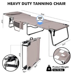 Tanning Chair with Face Hole, Folding Chaise Lounge Chair, Heavy Duty Outside Lay Flat Portable Face Down Tanning Chair with Arm Hole for Reading Beach Poolside Patio Sunbathing Lawn Camping, 300LBS