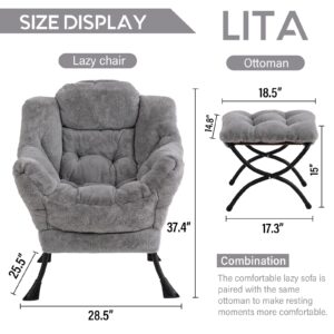 LITA Lazy Chair with Ottoman, Modern Accent Leisure Upholstered Sofa Chair, Contemporary Lounge Reading Chair with Armrests and a Side Pocket for Living Room, Bedroom & Small Space, Plush Grey