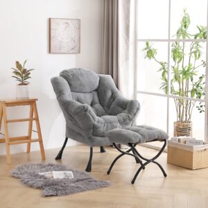 LITA Lazy Chair with Ottoman, Modern Accent Leisure Upholstered Sofa Chair, Contemporary Lounge Reading Chair with Armrests and a Side Pocket for Living Room, Bedroom & Small Space, Plush Grey