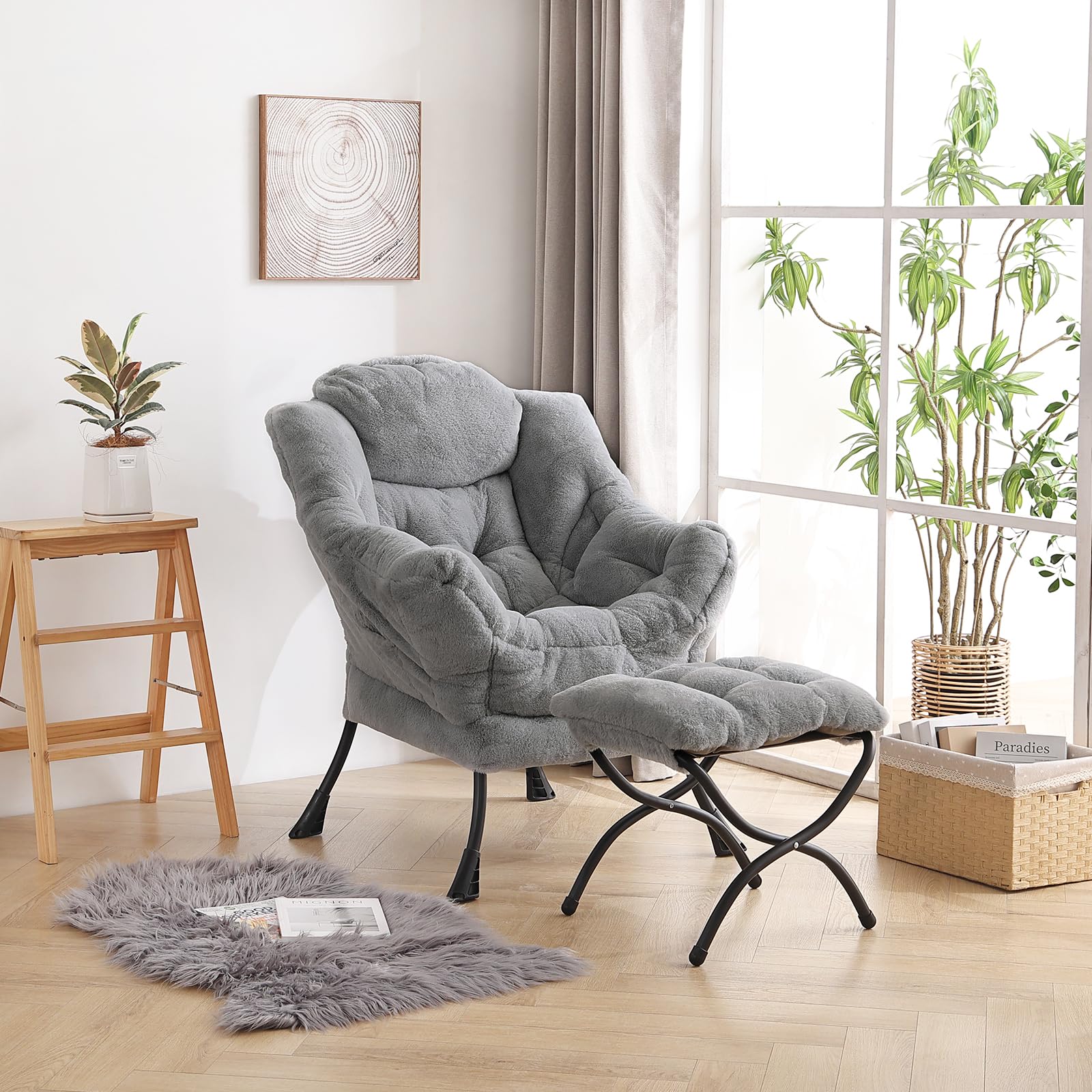 LITA Lazy Chair with Ottoman, Modern Accent Leisure Upholstered Sofa Chair, Contemporary Lounge Reading Chair with Armrests and a Side Pocket for Living Room, Bedroom & Small Space, Plush Grey