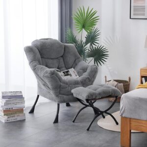 LITA Lazy Chair with Ottoman, Modern Accent Leisure Upholstered Sofa Chair, Contemporary Lounge Reading Chair with Armrests and a Side Pocket for Living Room, Bedroom & Small Space, Plush Grey