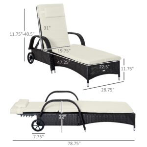 Outsunny Wicker Outdoor Chaise Lounge, 5-Level Adjustable Backrest PE Rattan Pool Lounge Chair with Wheels, Cushion & Headrest, Dark Coffee and Cream White