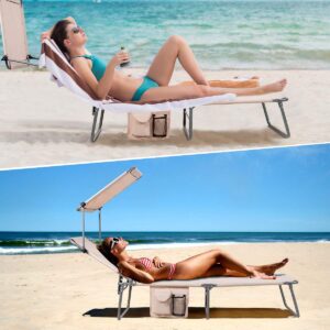 Giantex Tanning Chair, Patio Chaise Lounge Chair with 5 Adjustable Position, Shade Canopy, Storage Pocket, Camping Cot, Outdoor Sunbathing Recliner for Poolside, Lawn Folding Beach Chairs(1, Beige)