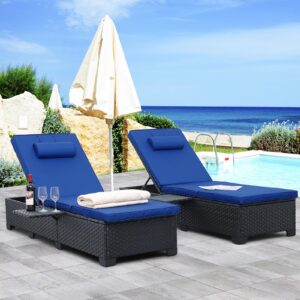 WAROOM Outdoor Chaise Lounge Chair PE Wicker Patio Furniture Set of 2 Black Rattan Pool Lounge Chairs Adjustable Backrest Recliners with Royal Blue Cushion