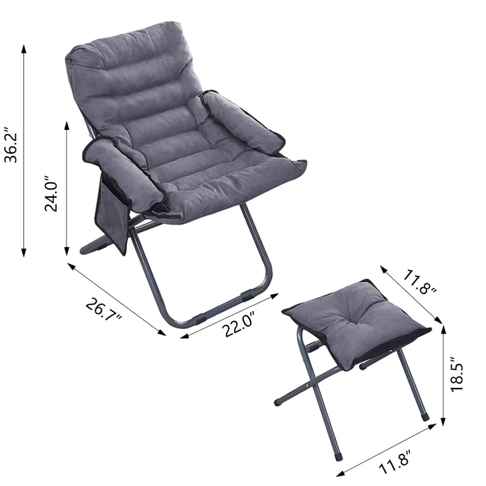 Yfybed Lazy Chair with Ottoman, Foldable Modern Lounge Chair with Footrest & Armrest, Reclining Leisure Sofa Armchair Cozy Reading Chair for Bedroom/Office/Hosting/Living Room/Dorm Rooms/Garden, Grey