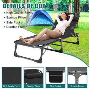 DoCred Folding Lounge Chair with Mattress, 4 Position Adjustable Folding Sleeping Bed Cot Chaise Lounge Chairs Perfect for Sunbathing, Camping, Pool, Beach, Patio