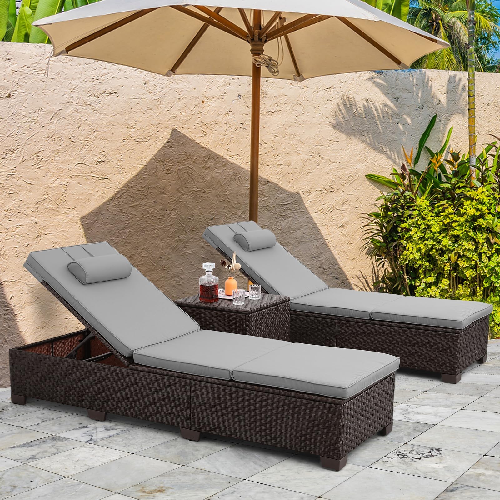 Outdoor PE Wicker Chaise Lounge Set, Patio Lounge Chairs, Outside Poolside Lounger Furniture Set of 3, Brown Rattan Recliners with Adjustable Backrest, Grey Cushions, and Storage Table