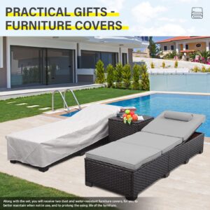 Outdoor PE Wicker Chaise Lounge Set, Patio Lounge Chairs, Outside Poolside Lounger Furniture Set of 3, Brown Rattan Recliners with Adjustable Backrest, Grey Cushions, and Storage Table