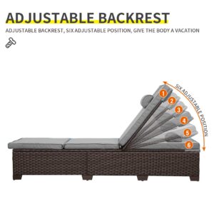 Outdoor PE Wicker Chaise Lounge Set, Patio Lounge Chairs, Outside Poolside Lounger Furniture Set of 3, Brown Rattan Recliners with Adjustable Backrest, Grey Cushions, and Storage Table