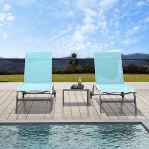 Domi Chaise Lounge Outdoor Set of 3, Lounge Chairs for Outside with Wheels, Outdoor Lounge Chairs with 5 Adjustable Position, Pool Lounge Chairs for Patio, Beach, Yard, Turquoise Blue