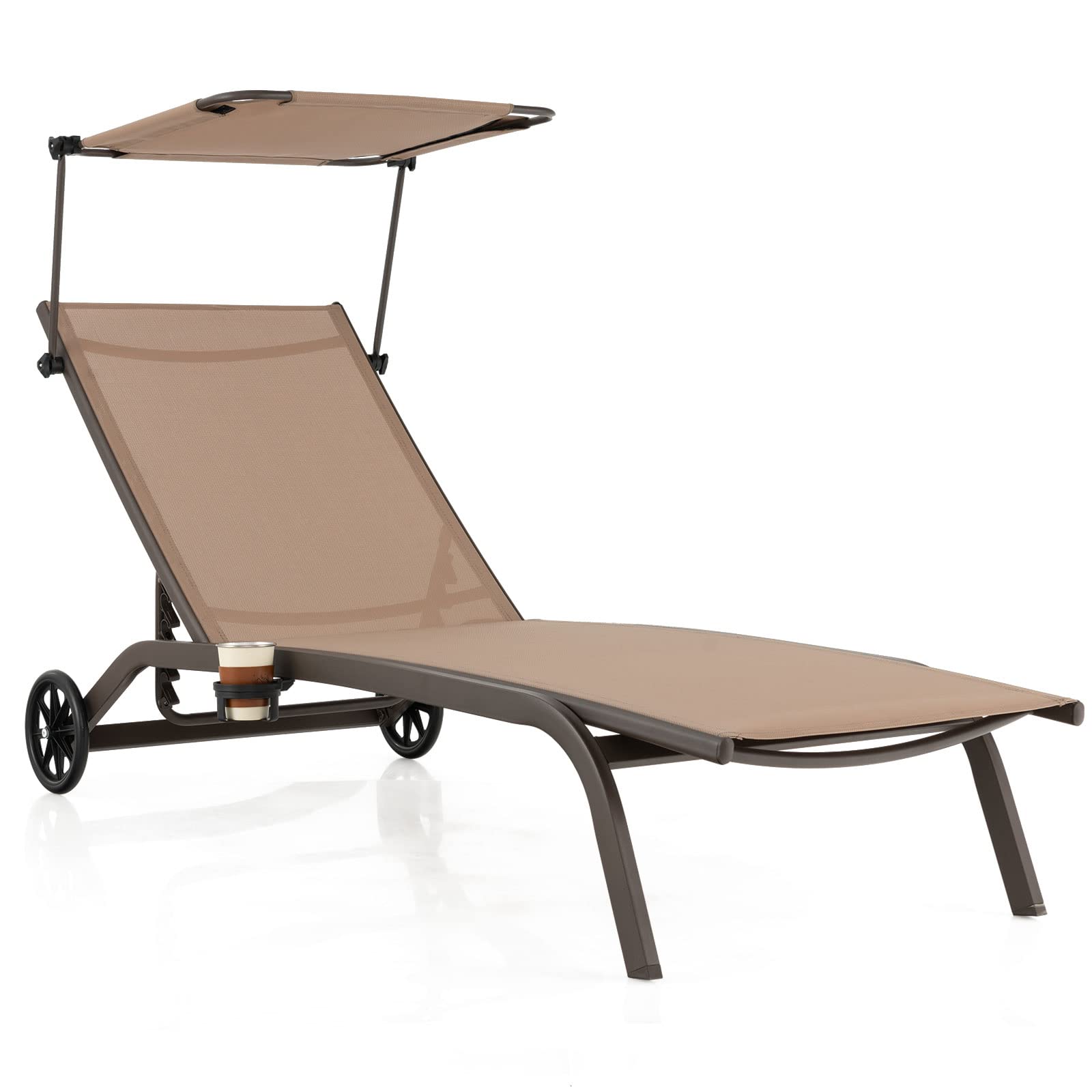 Giantex Outdoor Chaise Lounge Chair, Tanning Chair with Sunshade and Smooth Wheels, 6-Level Adjustable Position, Cup Holder, Metal Frame, Patio Chaise Lounge for Sunbathing, Yard, Poolside (1)