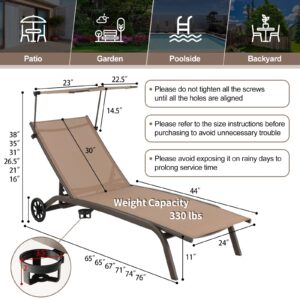 Giantex Outdoor Chaise Lounge Chair, Tanning Chair with Sunshade and Smooth Wheels, 6-Level Adjustable Position, Cup Holder, Metal Frame, Patio Chaise Lounge for Sunbathing, Yard, Poolside (1)