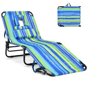 gymax tanning chair, 350lbs beach lounge chair with face hole, washable pillow & carry strap, adjustable folding chaise lounge, layout chair for outside, patio, poolside, lawn (1, stripe)