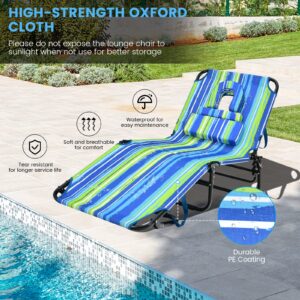 GYMAX Tanning Chair, 350lbs Beach Lounge Chair with Face Hole, Washable Pillow & Carry Strap, Adjustable Folding Chaise Lounge, Layout Chair for Outside, Patio, Poolside, Lawn (1, Stripe)