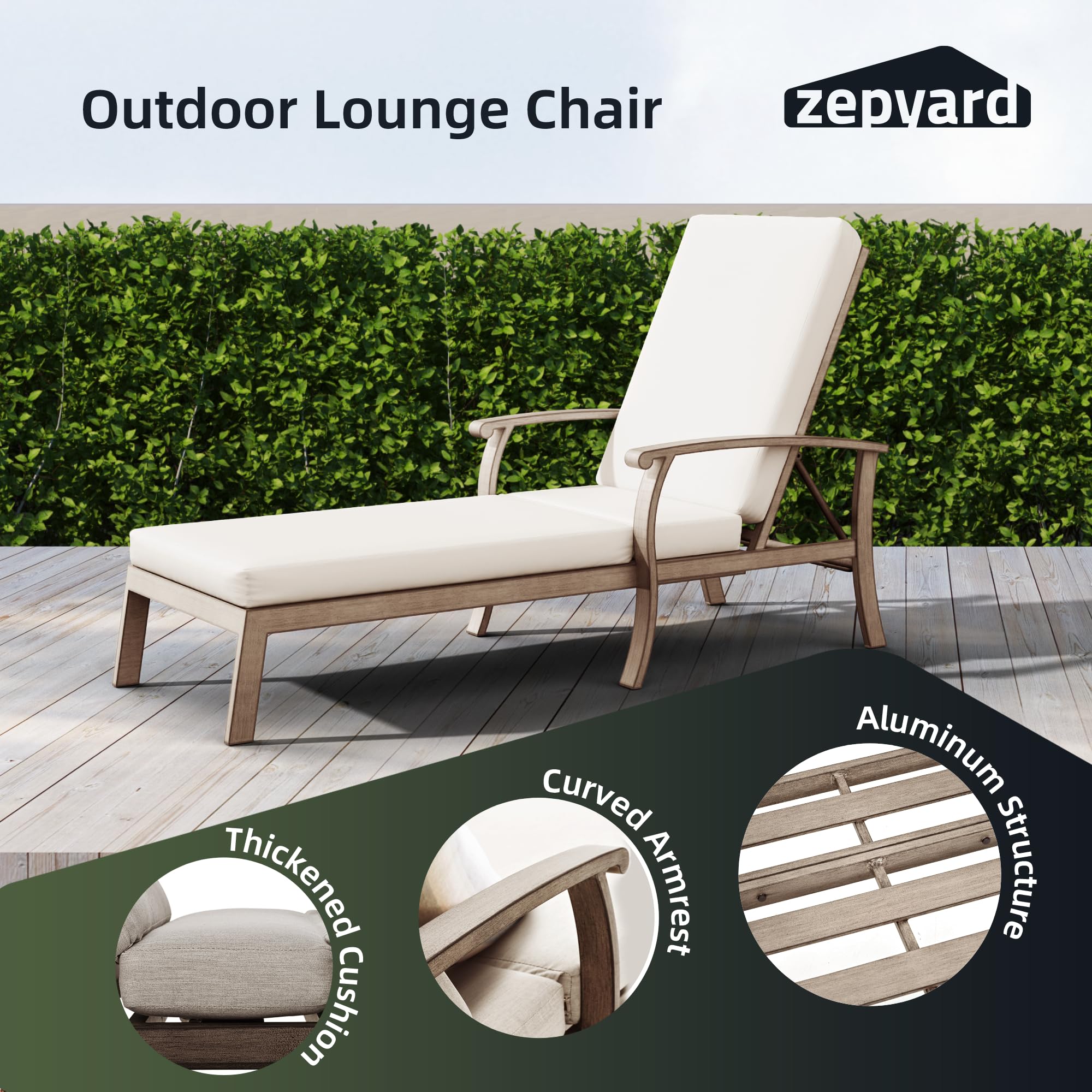 ZEPYARD Aluminum Patio Chaise Lounge Set of 2, Armrest Lounge Chair with Adjustable Backrest for Outside, All Weather Aluminum Lounge Chair for Deck Beach Poolside-Greige Cushion