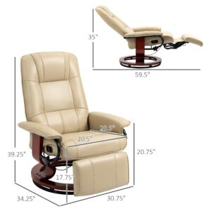 HOMCOM Faux Leather Manual Recliner, Adjustable Swivel Lounge Chair with Footrest, Armrest and Wrapped Wood Base for Living Room, Cream White