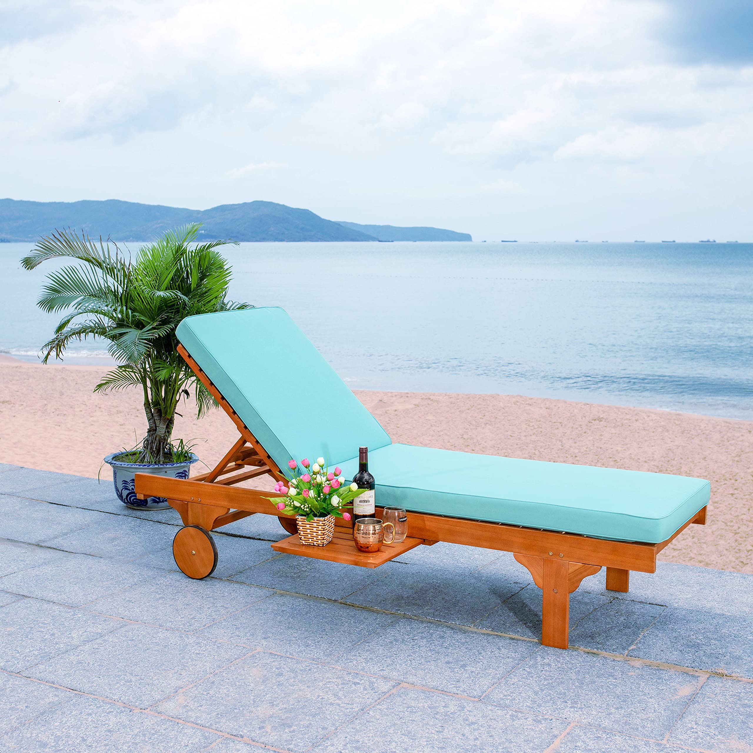 SAFAVIEH Outdoor Collection Newport Natural/ Aqua Cushion Built-in Side Table Adjustable Chaise Lounge Chair