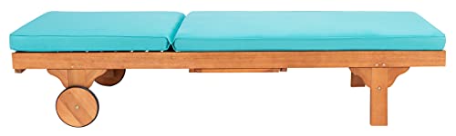 SAFAVIEH Outdoor Collection Newport Natural/ Aqua Cushion Built-in Side Table Adjustable Chaise Lounge Chair