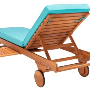 SAFAVIEH Outdoor Collection Newport Natural/ Aqua Cushion Built-in Side Table Adjustable Chaise Lounge Chair