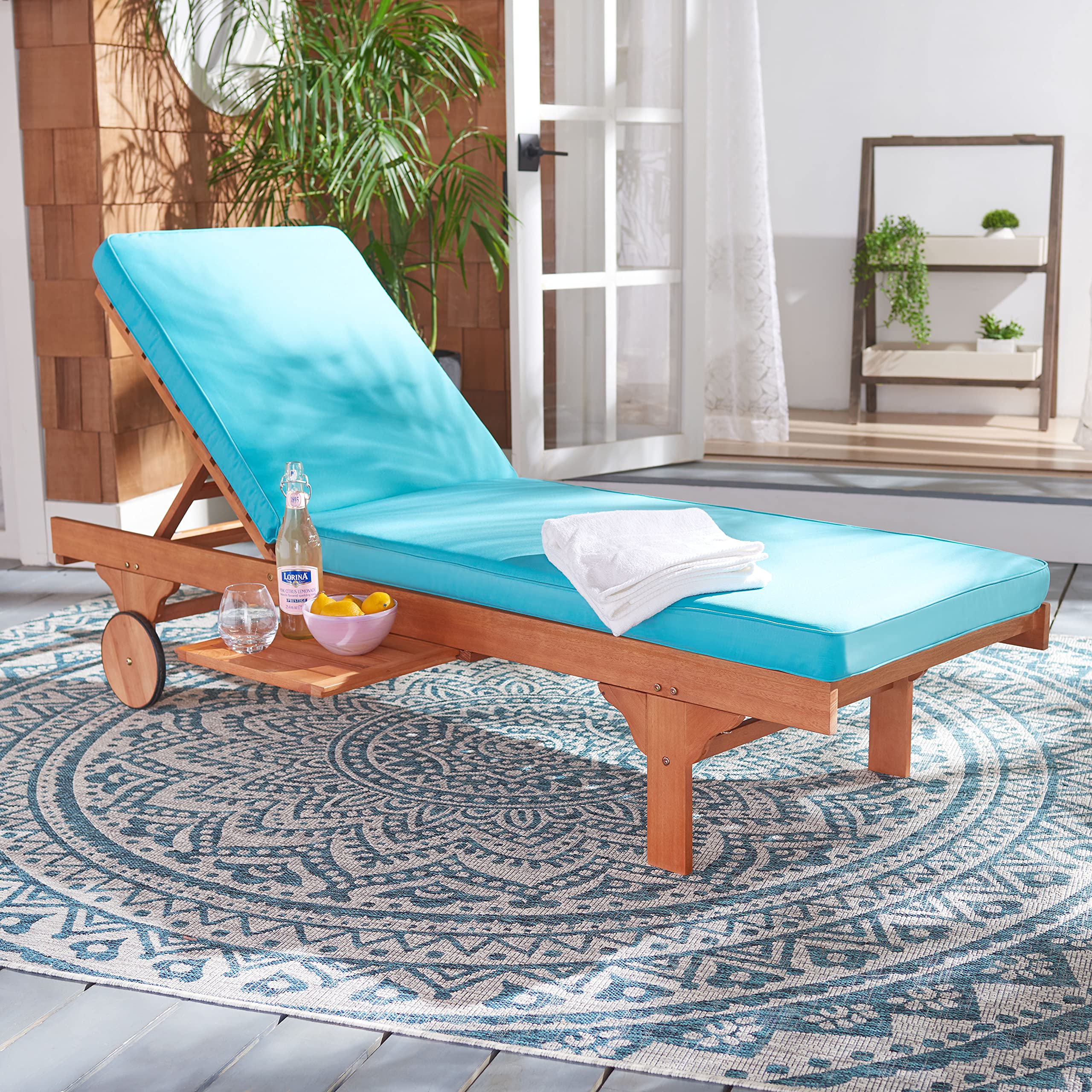 SAFAVIEH Outdoor Collection Newport Natural/ Aqua Cushion Built-in Side Table Adjustable Chaise Lounge Chair