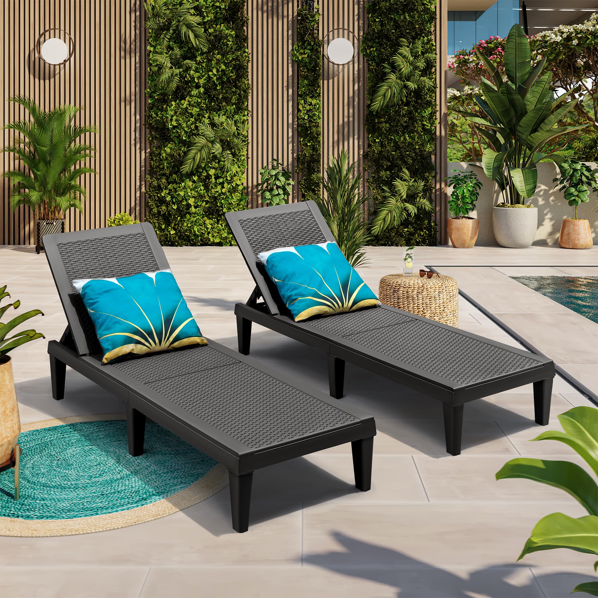 GUNJI Lounge Chairs for Outside Patio Waterproof Resin Chaise Lounge Outdoor Adjustable Lounge Chairs Set of 2 Pool Chairs Sun Loungers for Deck, Poolside and Beach (Black)