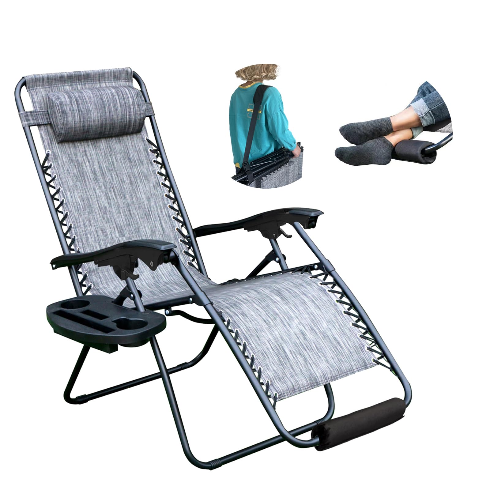 YOMIFUN Zero Gravity Chair, Lawn Chair, Folding Recliner Lounge Chair, Everything Included with Padded Head Pillow, Holder Tray, Shoulder Strap, Footrest Cushion, grey