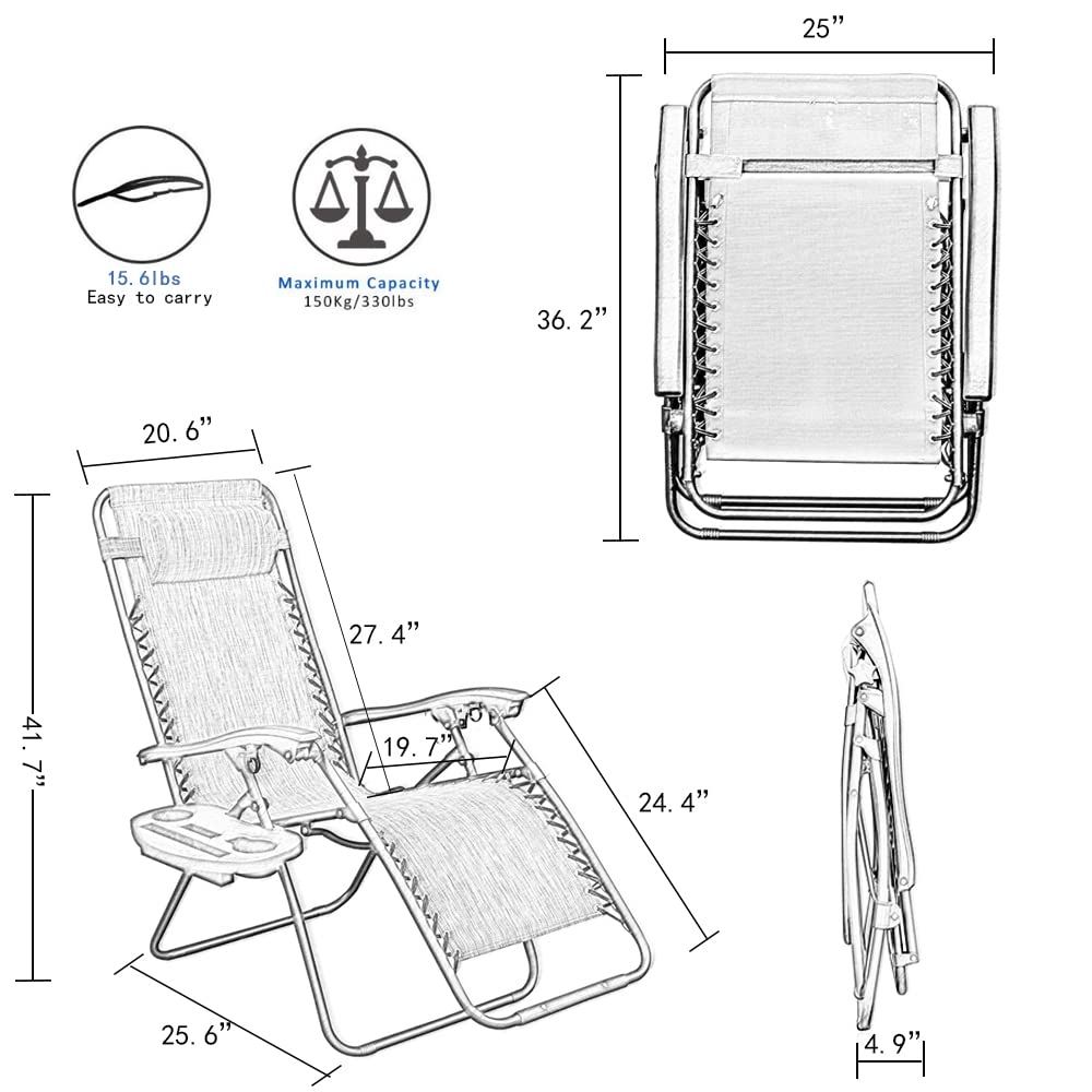 YOMIFUN Zero Gravity Chair, Lawn Chair, Folding Recliner Lounge Chair, Everything Included with Padded Head Pillow, Holder Tray, Shoulder Strap, Footrest Cushion, grey