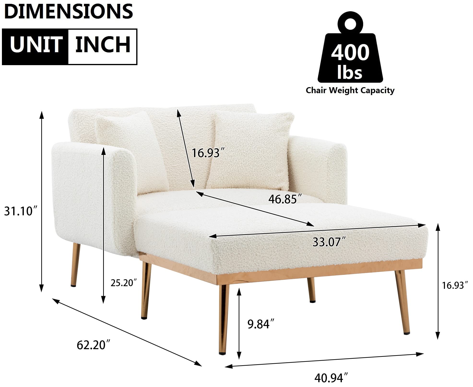 SULOPS Convertible Chaise Lounge Chair with Ottoma, Recliner Chair 3 in 1 Modern Accent Comfy Sleeper/Lounge Chair Reading Chair with 2 Pillows for Living Room Home Office (White Teddy)