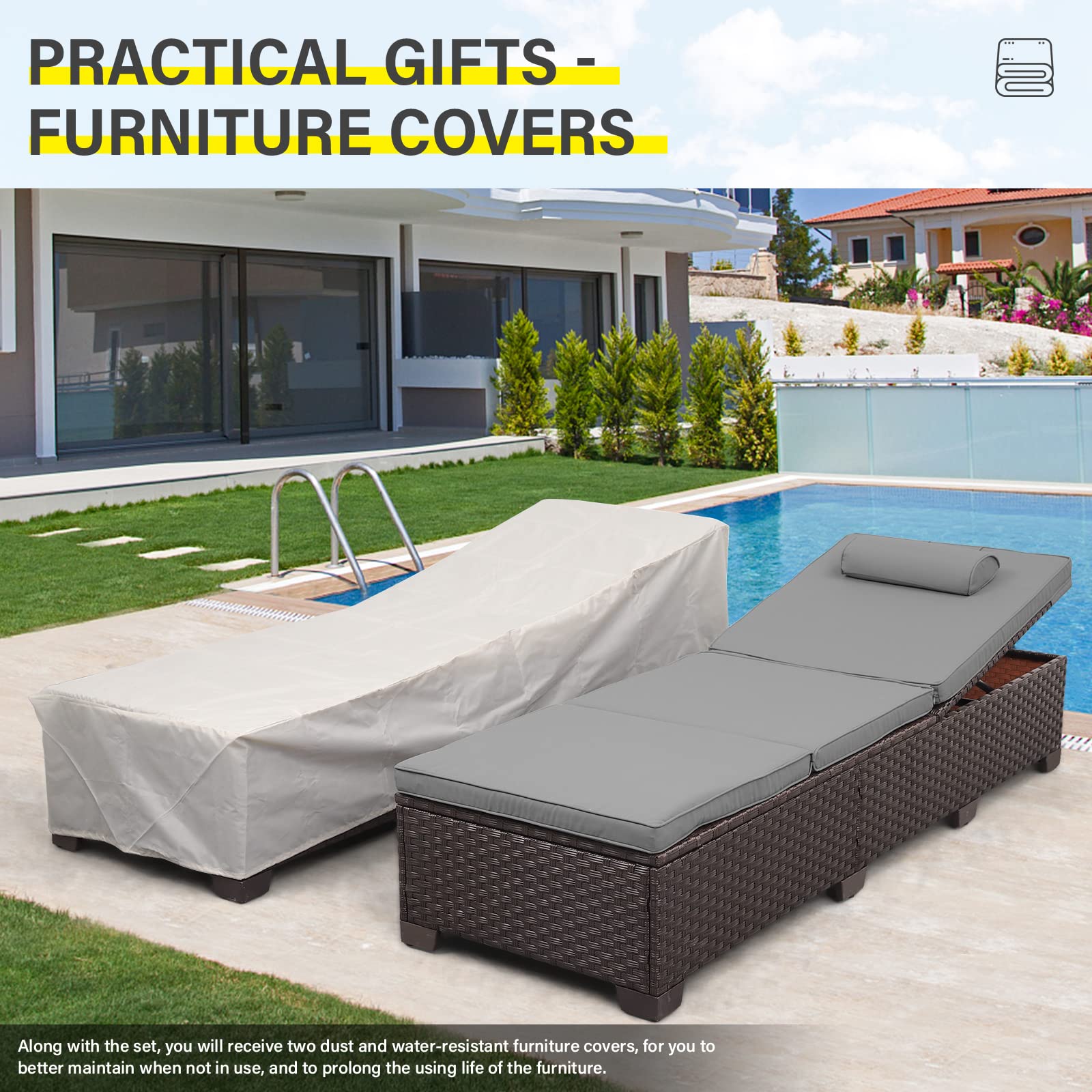 Outdoor PE Wicker Chaise Lounge Set, Patio Lounge Chairs, Outside Pool Lounger Furniture Set of 2, Brown Rattan Recliners with Adjustable Backrest, and Grey Cushions