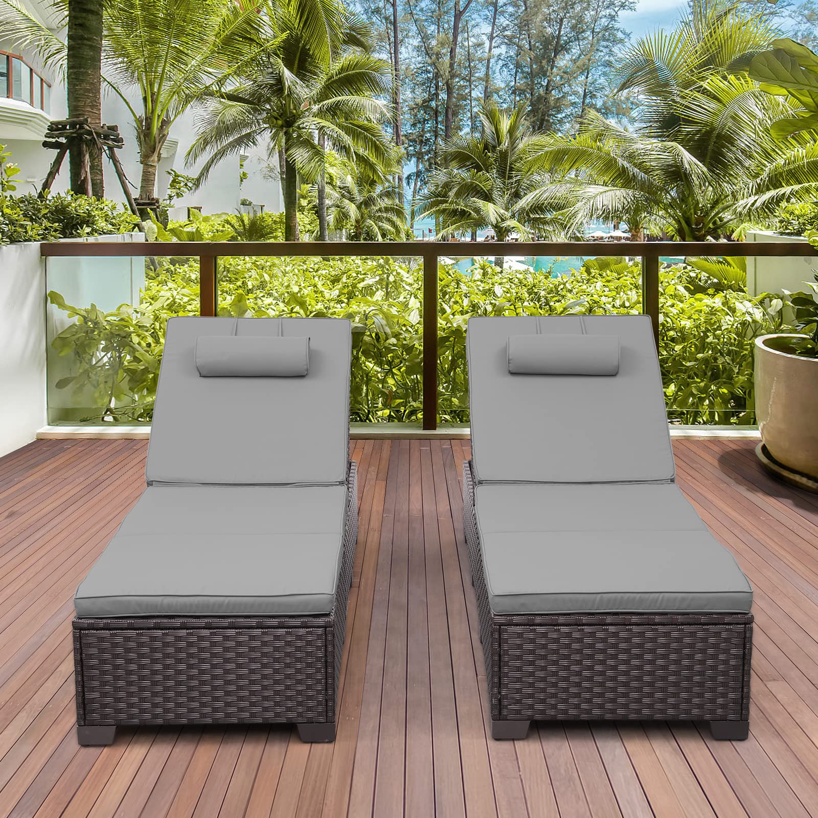 Outdoor PE Wicker Chaise Lounge Set, Patio Lounge Chairs, Outside Pool Lounger Furniture Set of 2, Brown Rattan Recliners with Adjustable Backrest, and Grey Cushions