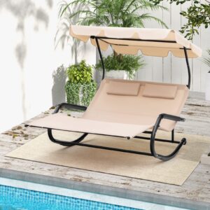 Tangkula 2 Person Lounge Chair with Adjustable Canopy, Outdoor Chaise Lounge with 2 Detachable Pillows and Wheels, Extra Large Double Patio Hammock Bed Swing for Backyard, Poolside