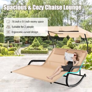 Tangkula 2 Person Lounge Chair with Adjustable Canopy, Outdoor Chaise Lounge with 2 Detachable Pillows and Wheels, Extra Large Double Patio Hammock Bed Swing for Backyard, Poolside