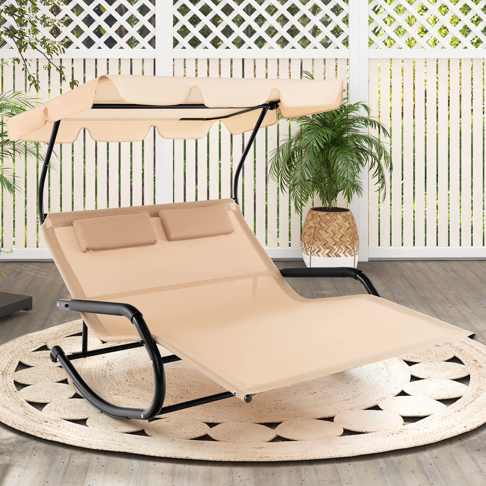 Tangkula 2 Person Lounge Chair with Adjustable Canopy, Outdoor Chaise Lounge with 2 Detachable Pillows and Wheels, Extra Large Double Patio Hammock Bed Swing for Backyard, Poolside