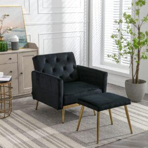 KINFFICT Velvet Accent Sofa Chair with Ottoman, Upholstered Comfy Lounge Armchair with Adjustable Armrests and Backrest, Living Room Single Recliner with Tufted Button Back, Black