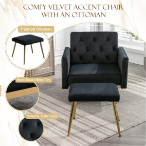 KINFFICT Velvet Accent Sofa Chair with Ottoman, Upholstered Comfy Lounge Armchair with Adjustable Armrests and Backrest, Living Room Single Recliner with Tufted Button Back, Black