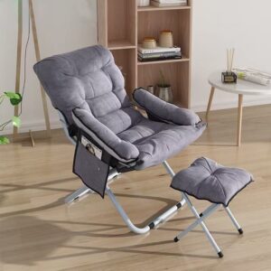 Living Room Lazy Chair with Ottoma & Armrestn, Modern Accent Lounge Chair, Leisure Sofa with Side Pocket, Folding Reading Chair with Footrest for Bedroom, Living Room, Dorm, Small Space, Grey