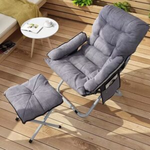 Living Room Lazy Chair with Ottoma & Armrestn, Modern Accent Lounge Chair, Leisure Sofa with Side Pocket, Folding Reading Chair with Footrest for Bedroom, Living Room, Dorm, Small Space, Grey