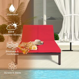 Tangkula 2-Person Patio Lounge Chair, Outdoor Rattan Double Wicker Daybed Chaise Lounge Chair with Adjustable Backrest Wheels & Cushion, Patio Sofa for Garden Lawn Backyard (Red)