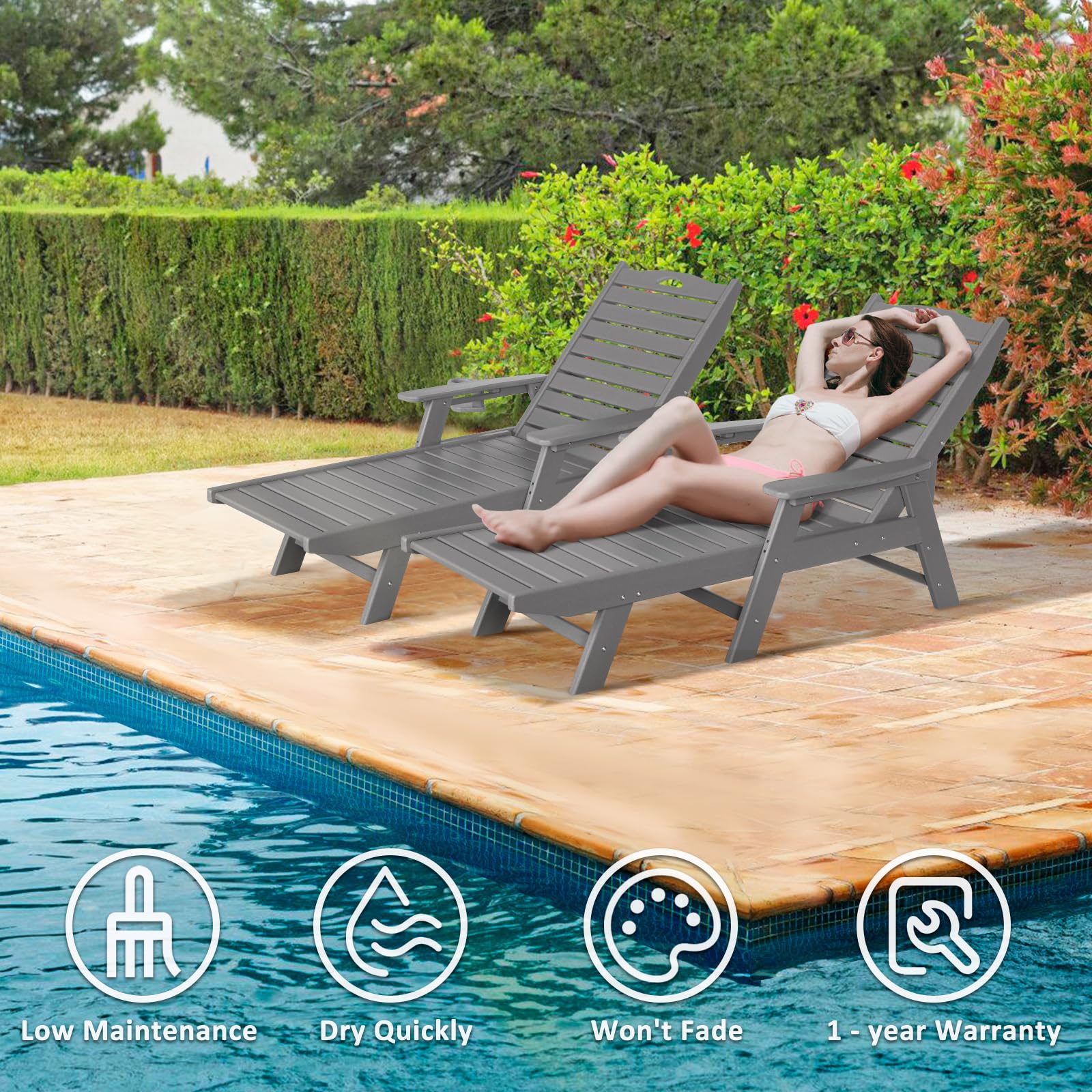 nalone Chaise Lounge Set of 2 Outdoor with 5-Position Adjustable Backrest, HDPE Lounge Chair for Outside Supports Up to 400 LBS, Pool Lounge Chairs for Patio Poolside Deck Beach Backyard (Grey)