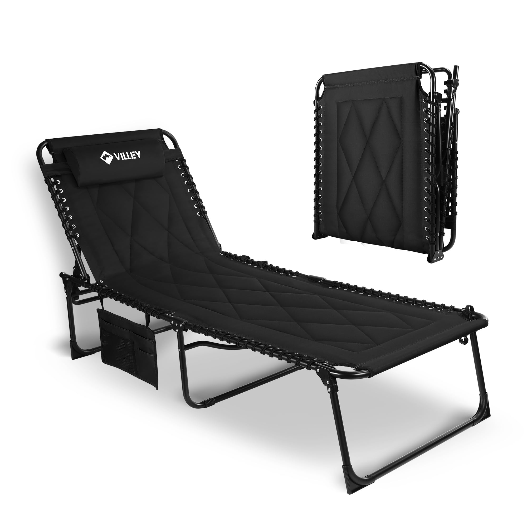 VILLEY Oversized Padded Chaise Lounge with Cushion, Foldable Camping Cot, Patio Reclining Lounge Chairs, Folding Sleeping Bed for Outdoor, Indoor, Backyard, Garden, Camping, Relaxing, Beach Tanning