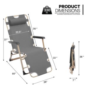 MoNiBloom Patio Folding Lawn Lounge Chairs Outdoor Lounger Camp Reclining Chair with Dilated Armrest and Adjustable Headrest for Poolside Backyard Beach, 330lbs Capacity