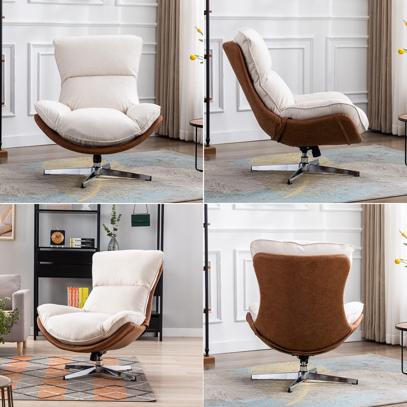 DUOMAY Swivel Accent Chair, Modern Linen Soft Foam Lounge Chair with High Back, Comfy Rocker Chair for Living Room Bedroom Reading Room Office, Tilt & Swivel, Chrome Base, Beige