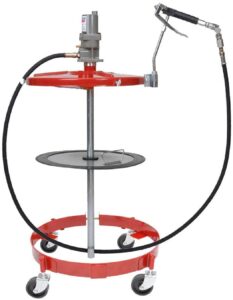 lincoln 4417 portable air operated high-pressure industrial 40:1 pneumatic single acting grease pump, drum cover, dolly, follower, control valve and 7 foot hose