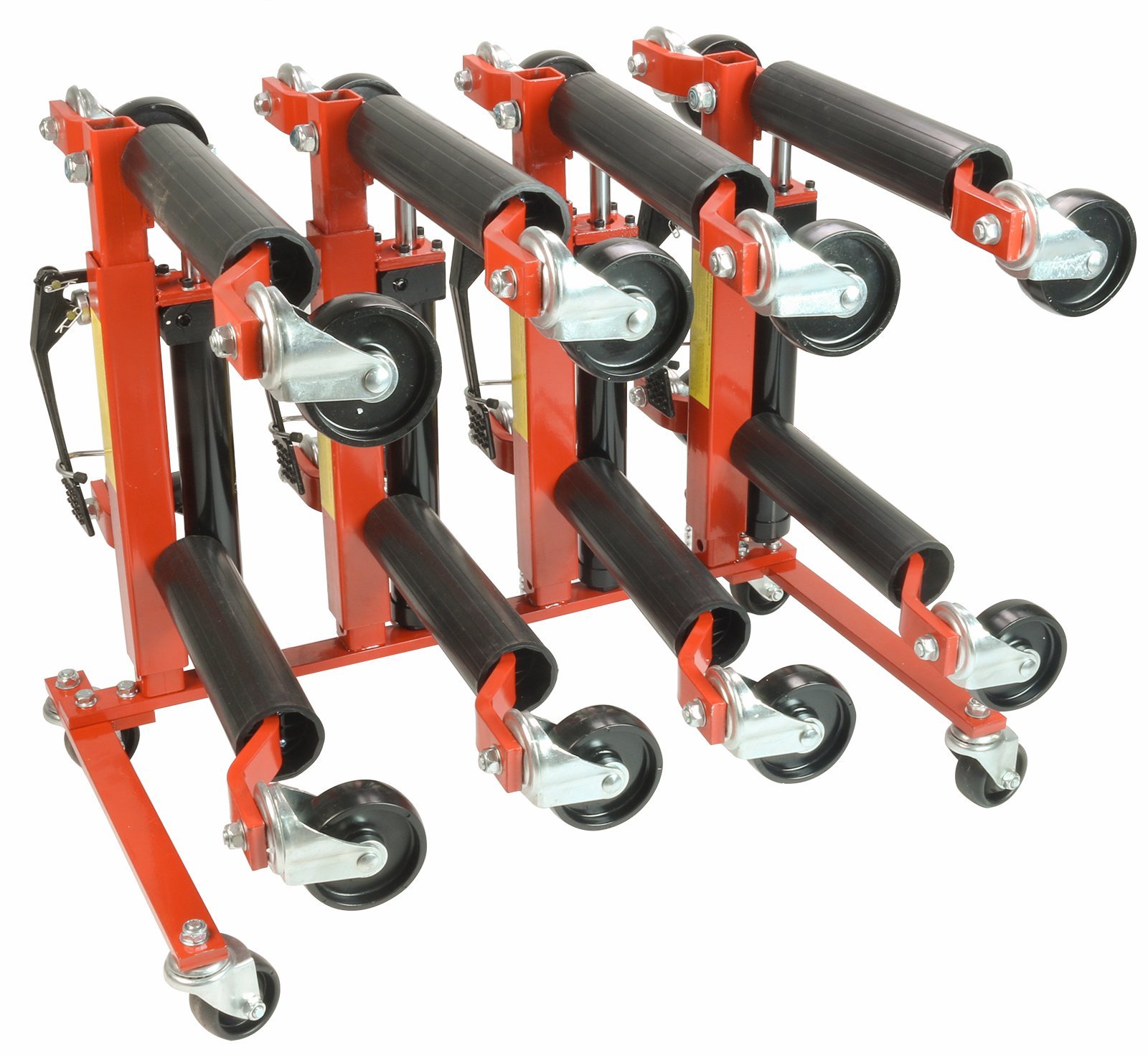 (4) Dragway Tools 12in. 1500 lb Hydraulic Car Wheel Dolly with Storage Stand