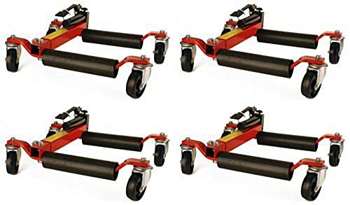 (4) Dragway Tools 12in. 1500 lb Hydraulic Car Wheel Dolly with Storage Stand