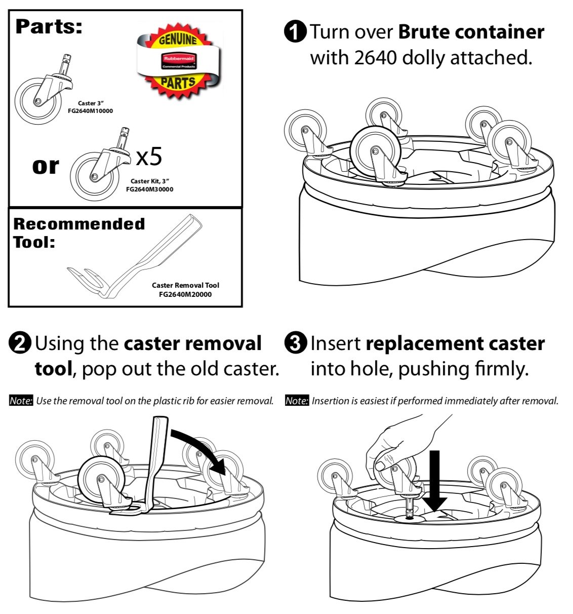 Rubbermaid Brute Dolly Replacement Caster (5 Casters + Removal Tool)