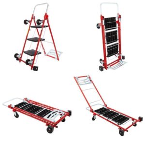 kerry kart 4-in-1 rolling utility cart, trolley and moving dolly with folding 3-step ladder – move boxes, furniture and appliances with 1 foldable cart and step stool (red)