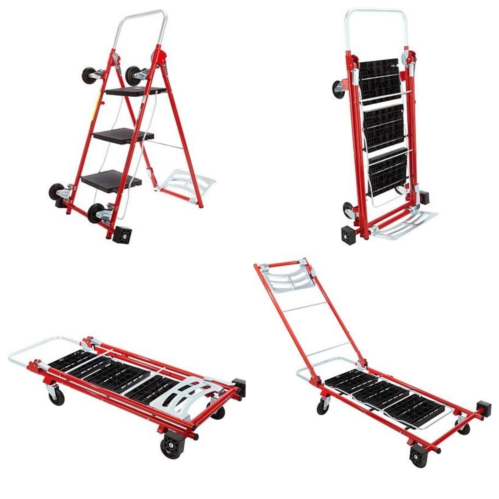 Kerry Kart 4-in-1 Rolling Utility Cart, Trolley and Moving Dolly with Folding 3-Step Ladder – Move Boxes, Furniture and Appliances with 1 Foldable Cart and Step Stool (Red)